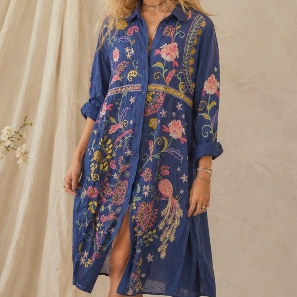 Johnny Was Midi Shirt Dress Embroidered Peacock Floral L Blue Bohemian Festival